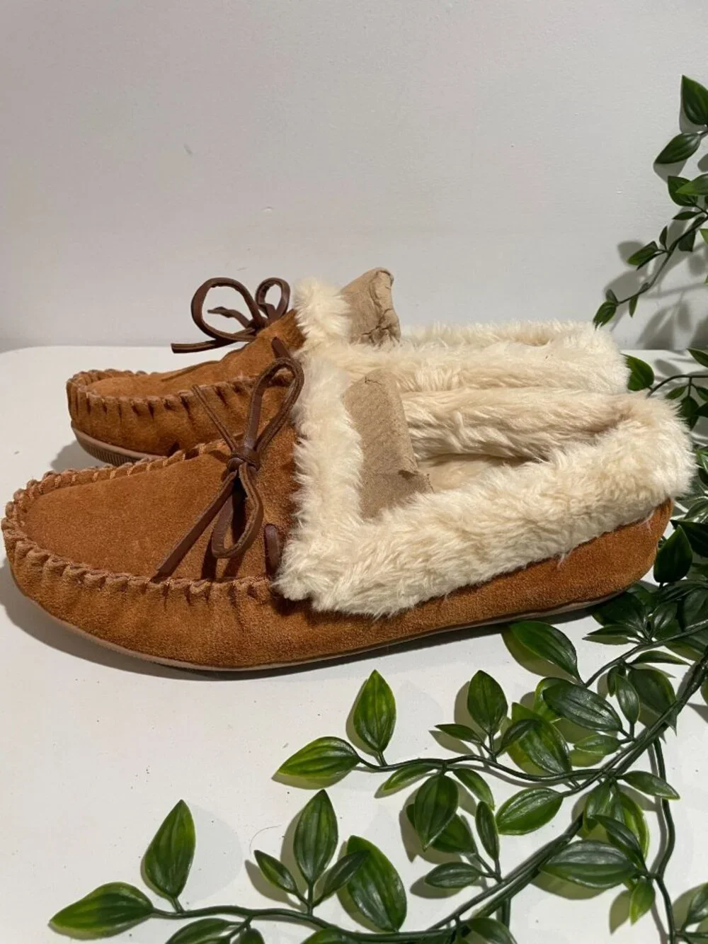 J.Crew Womens Faux Fur Lined Moccasin Slippers Size10 Suede Tan&Cream Rubber Sol